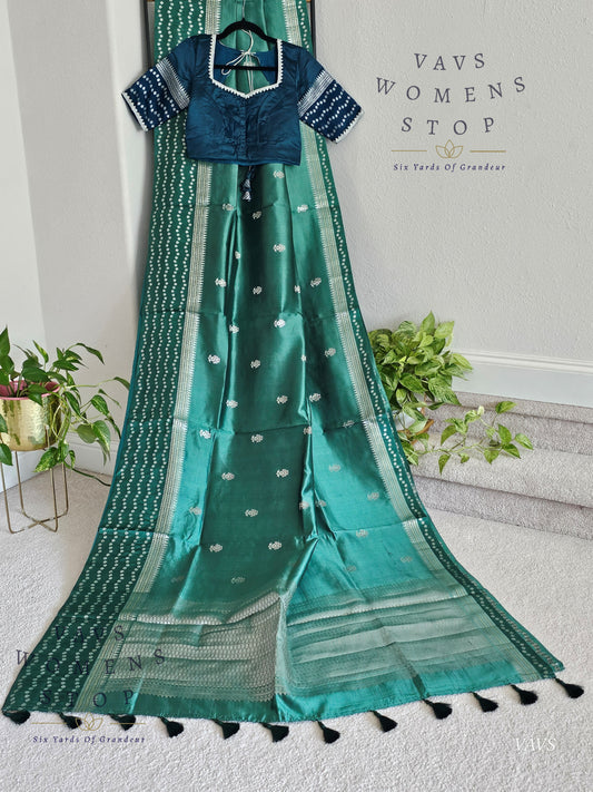 Deep Sea Green Pure Mango Silk Saree with Peacock Blue Blouse