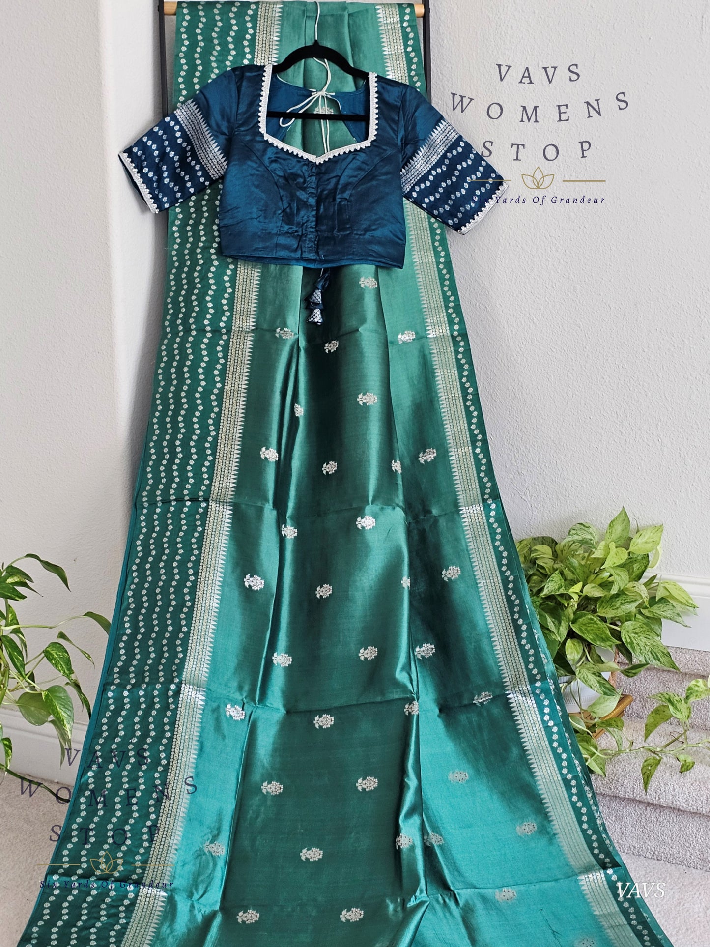 Deep Sea Green Pure Mango Silk Saree with Peacock Blue Blouse