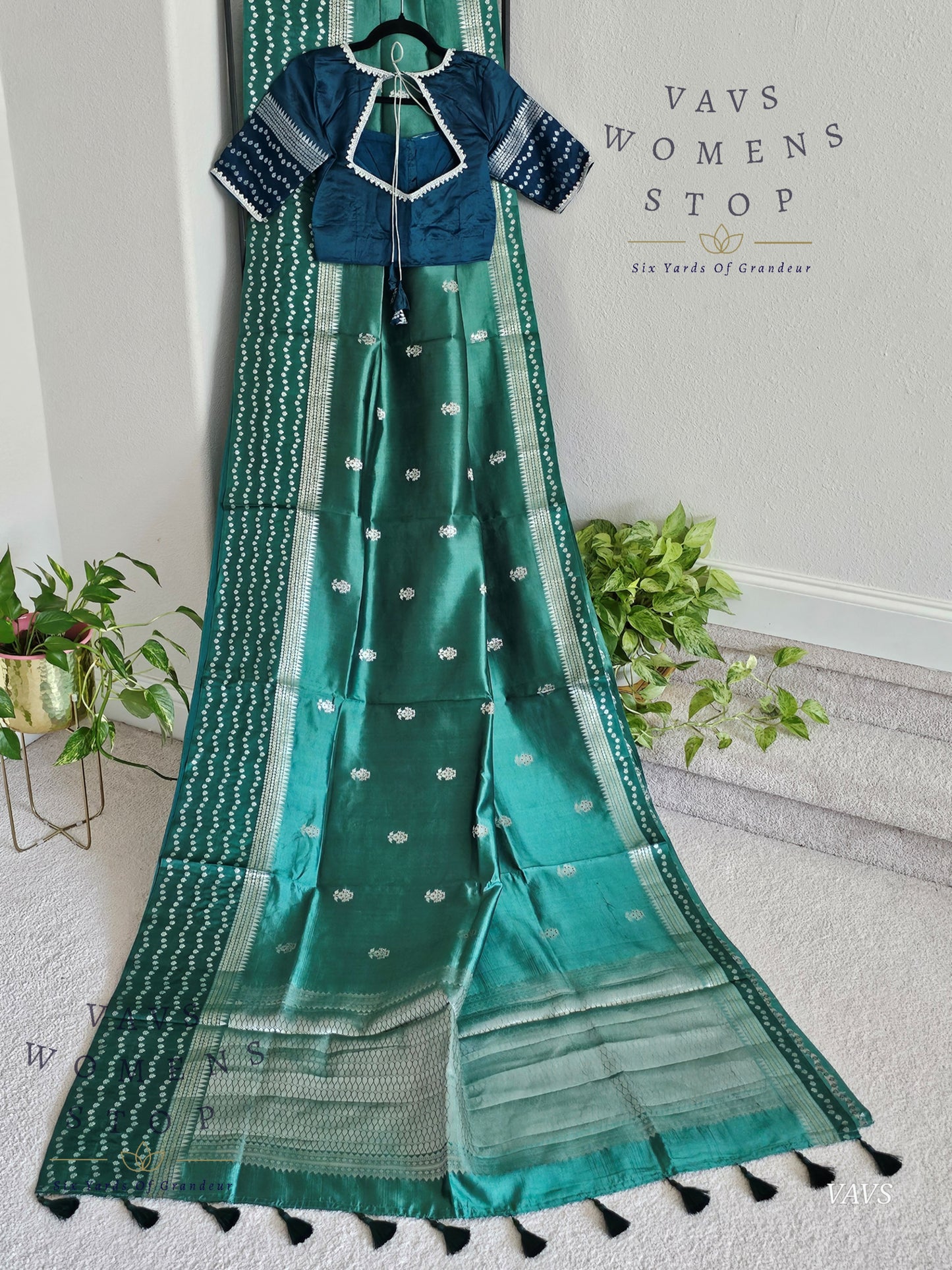 Deep Sea Green Pure Mango Silk Saree with Peacock Blue Blouse