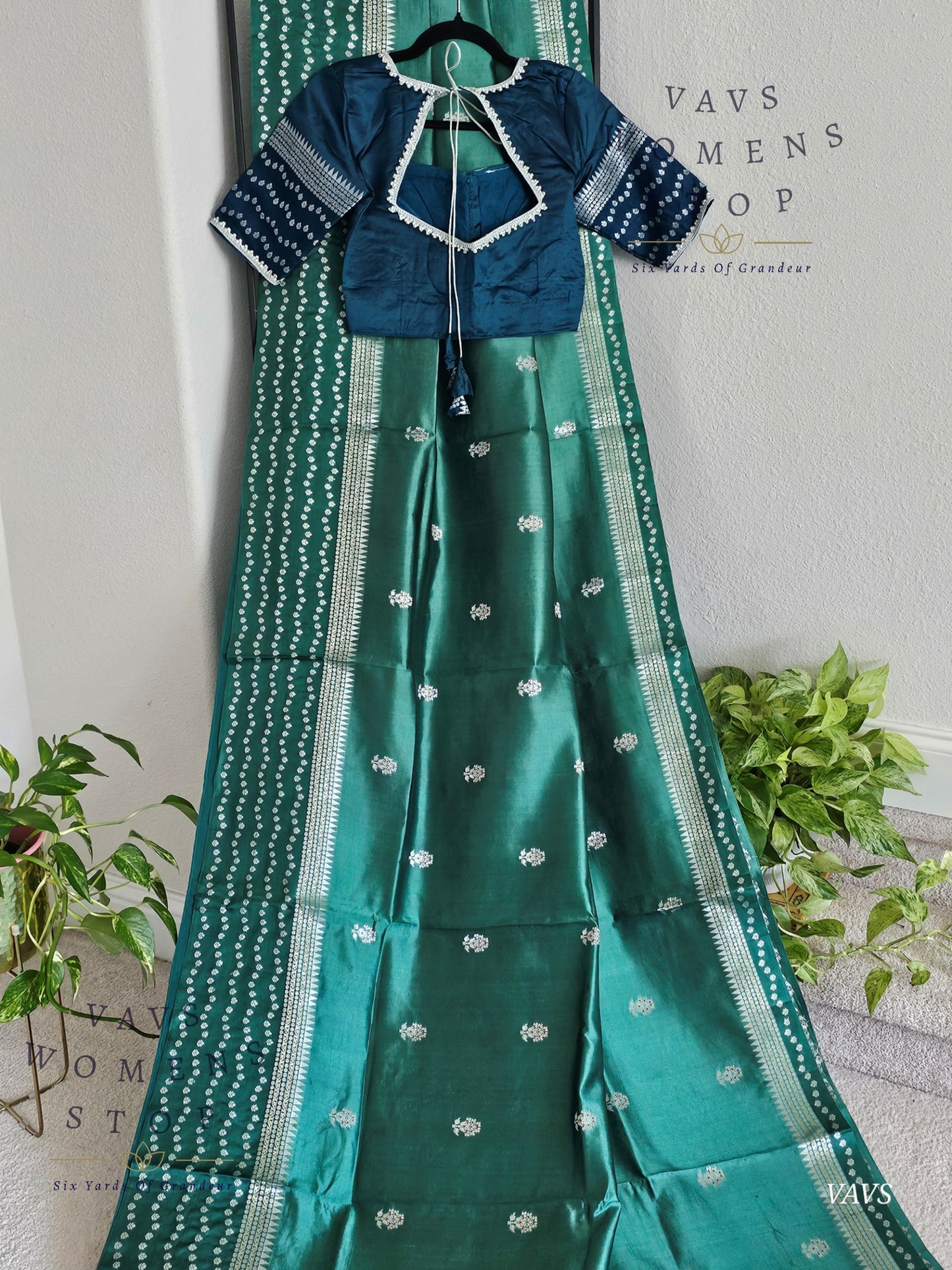 Deep Sea Green Pure Mango Silk Saree with Peacock Blue Blouse