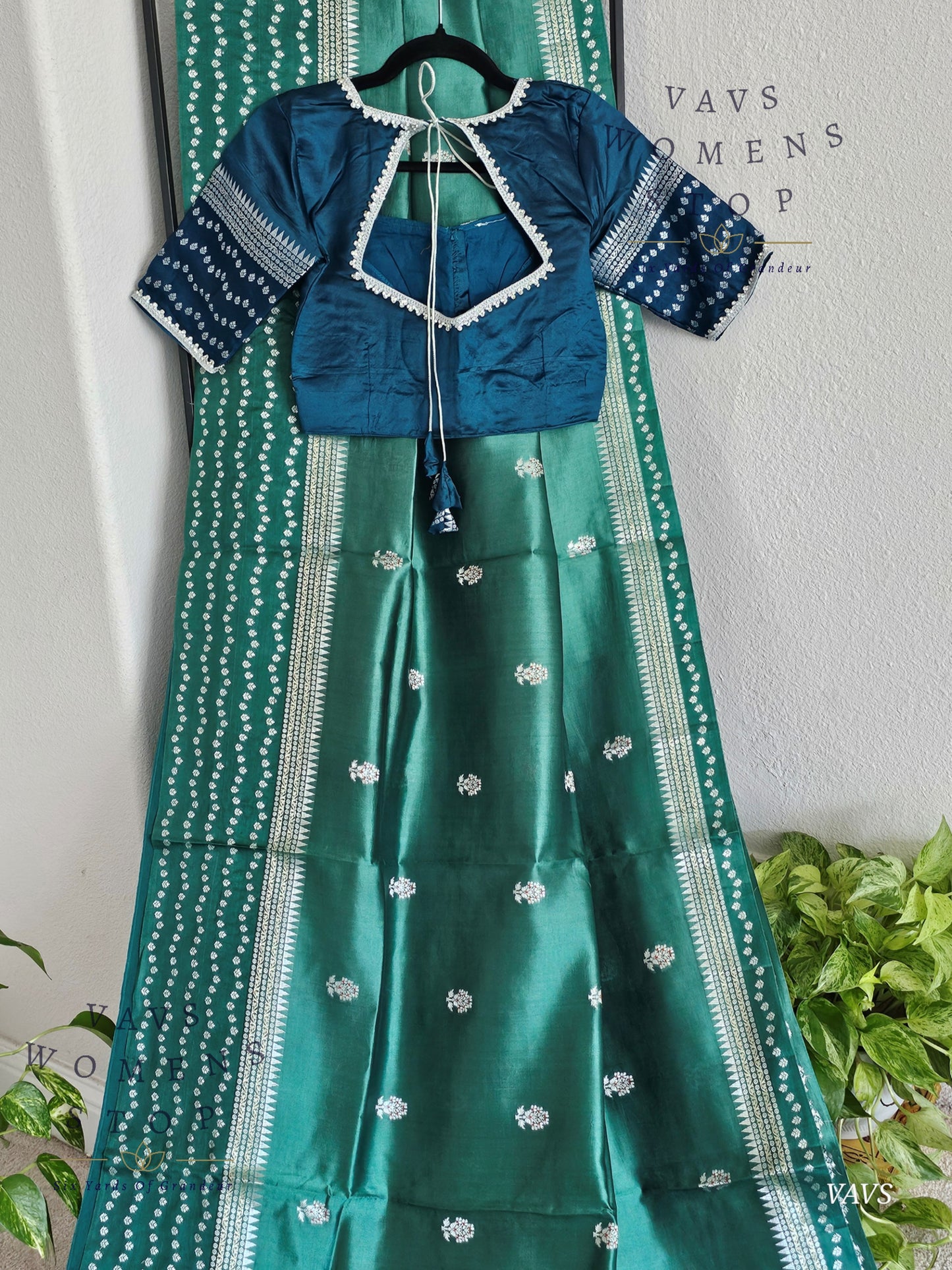Deep Sea Green Pure Mango Silk Saree with Peacock Blue Blouse
