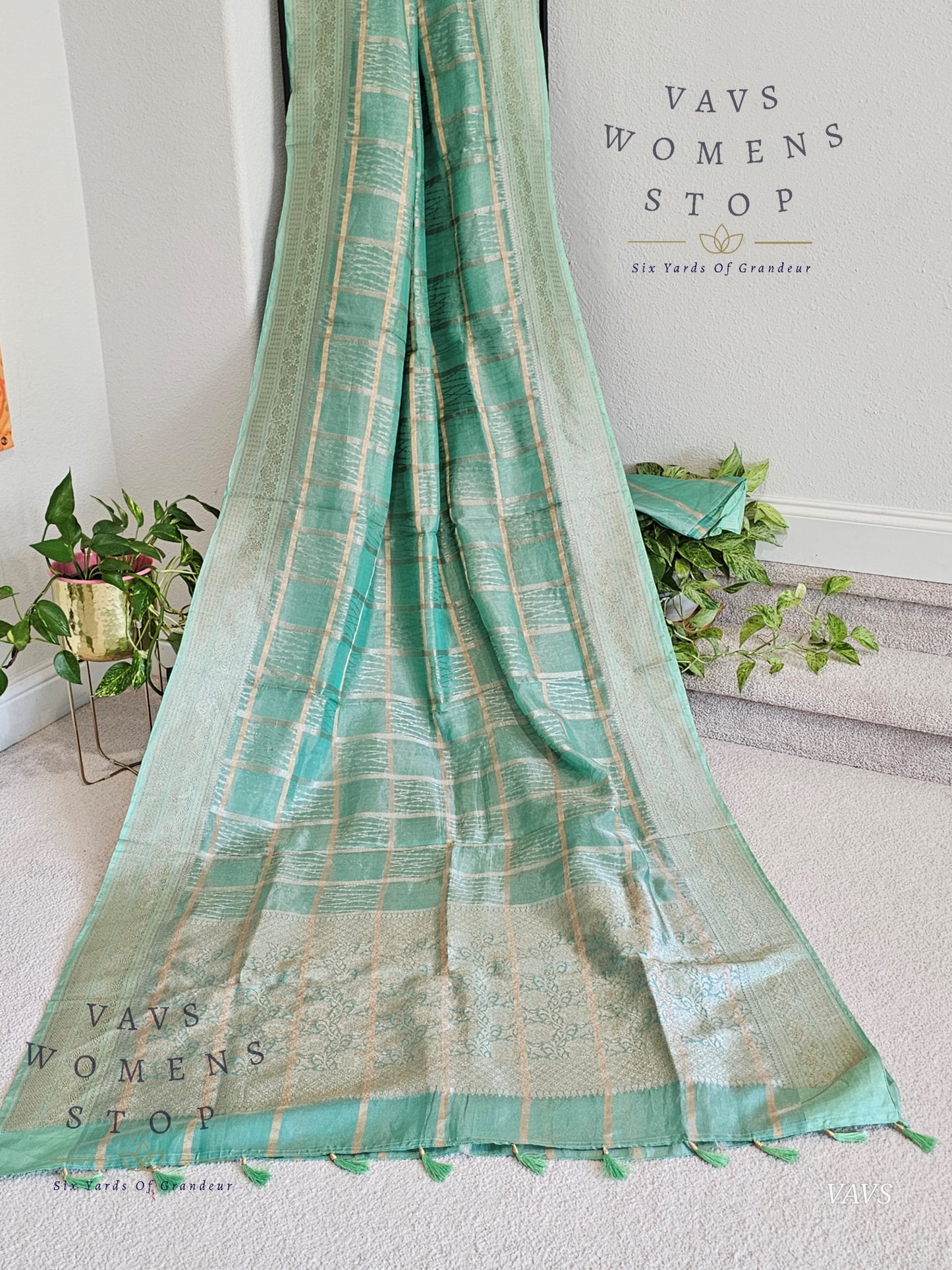Sea Green Pure Banarasi Tissue Saree with Checks Pattern & Blouse Piece | Ready to Dispatch USA –  Women’s Stop