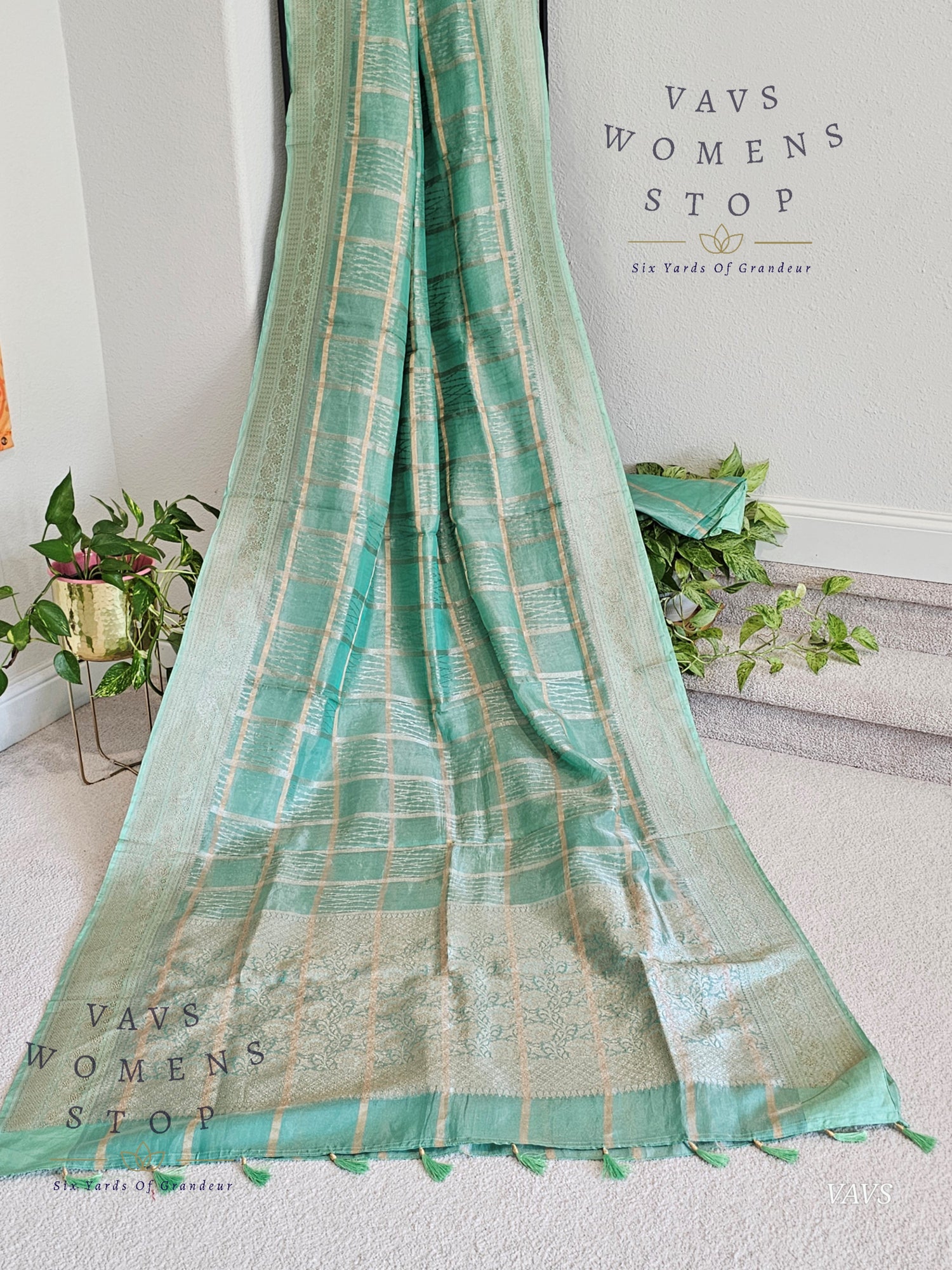 Sea Green Pure Banarasi Tissue Saree with Checks Pattern & Blouse Piece | Ready to Dispatch USA –  Women’s Stop