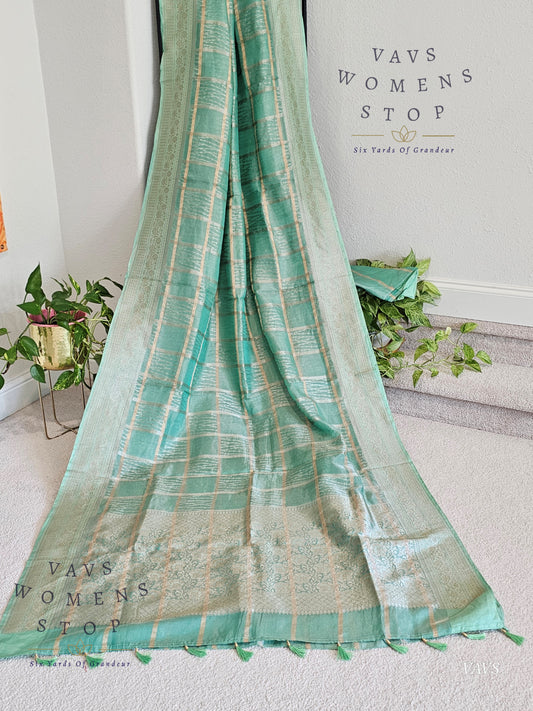 Sea Green Pure Banarasi Tissue Saree with Checks Pattern & Blouse Piece | Ready to Dispatch USA –  Women’s Stop