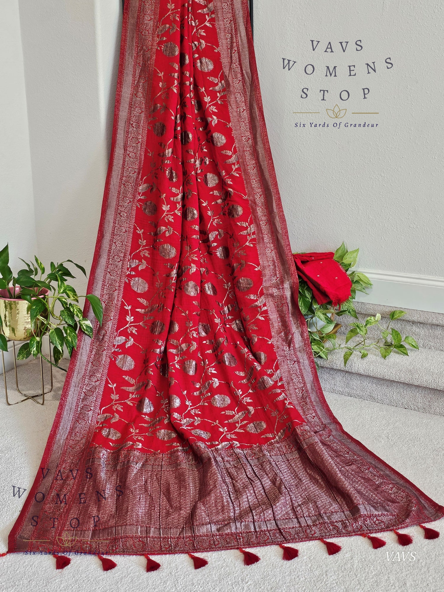 Buy Red Banarasi Semi Tussar Georgette Meenakari Designer Saree | Ready to Ship USA –  Women’s Stop