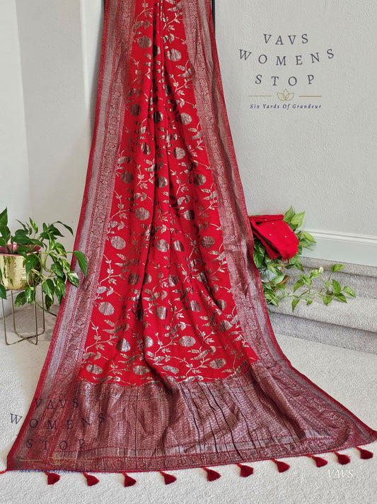 Buy Red Banarasi Semi Tussar Georgette Meenakari Designer Saree | Ready to Ship USA – Women’s Stop