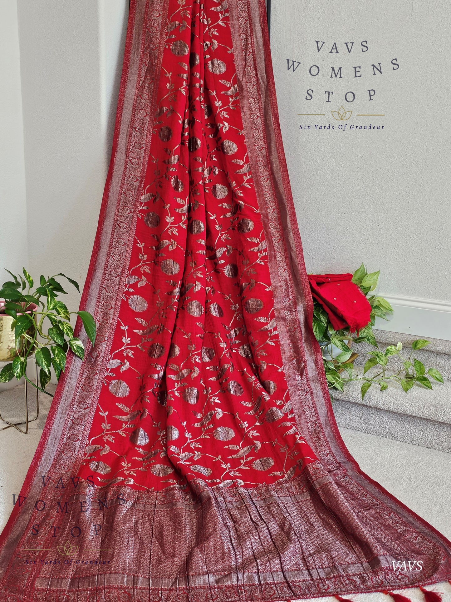 Red Banarasi Semi Tussar Georgette Meenakari Designer Saree