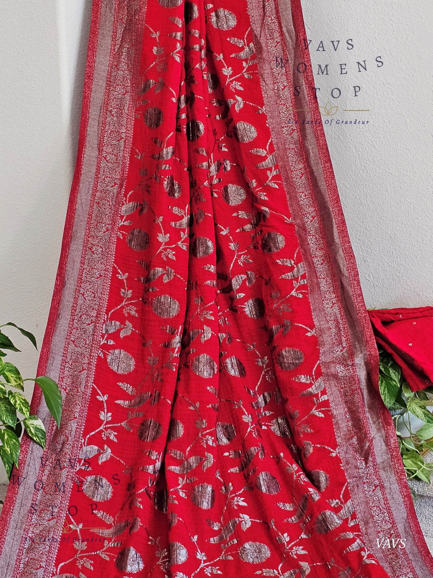 Red Banarasi Semi Tussar Georgette Meenakari Designer Saree