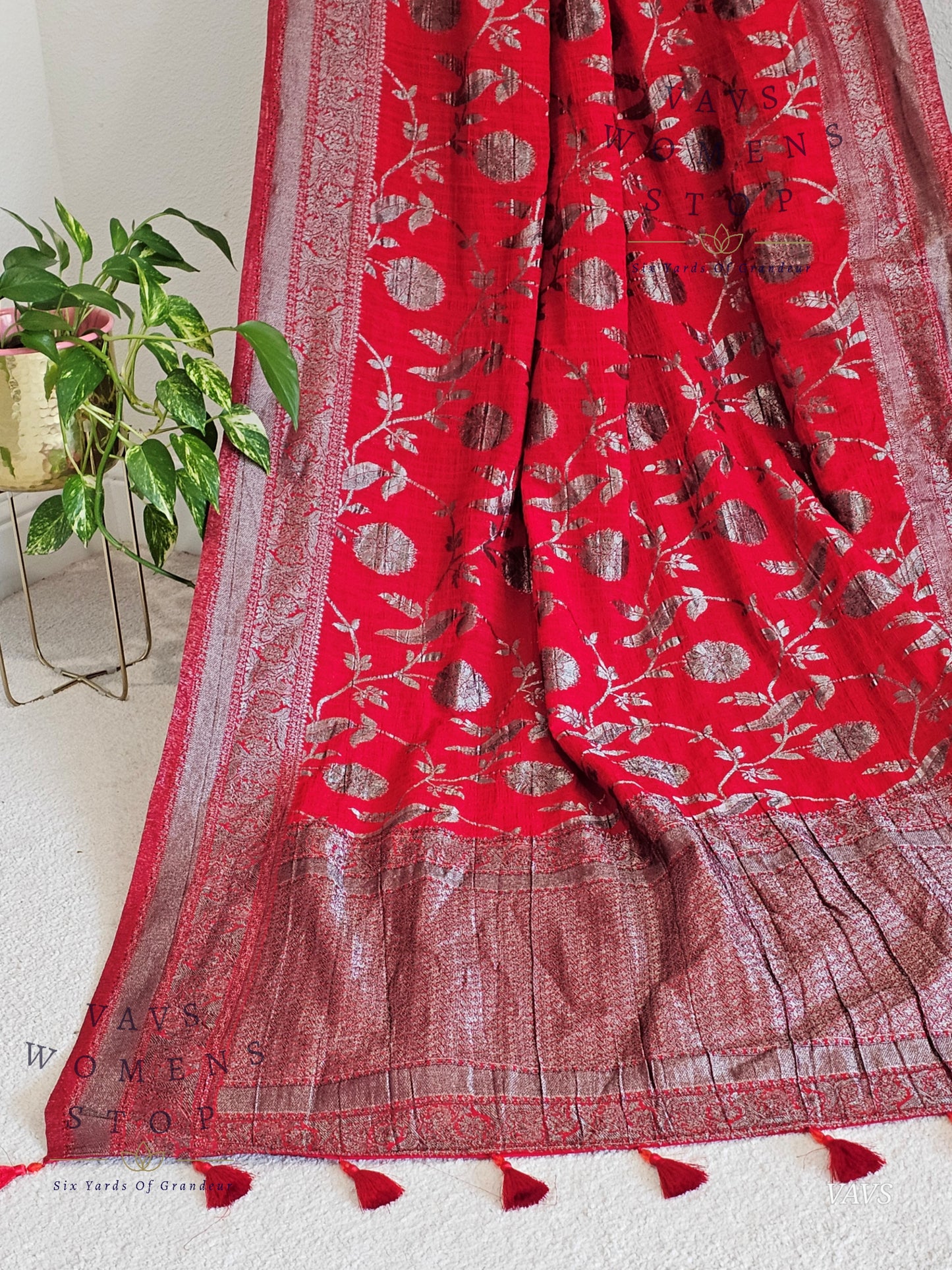 Red Banarasi Semi Tussar Georgette Meenakari Designer Saree