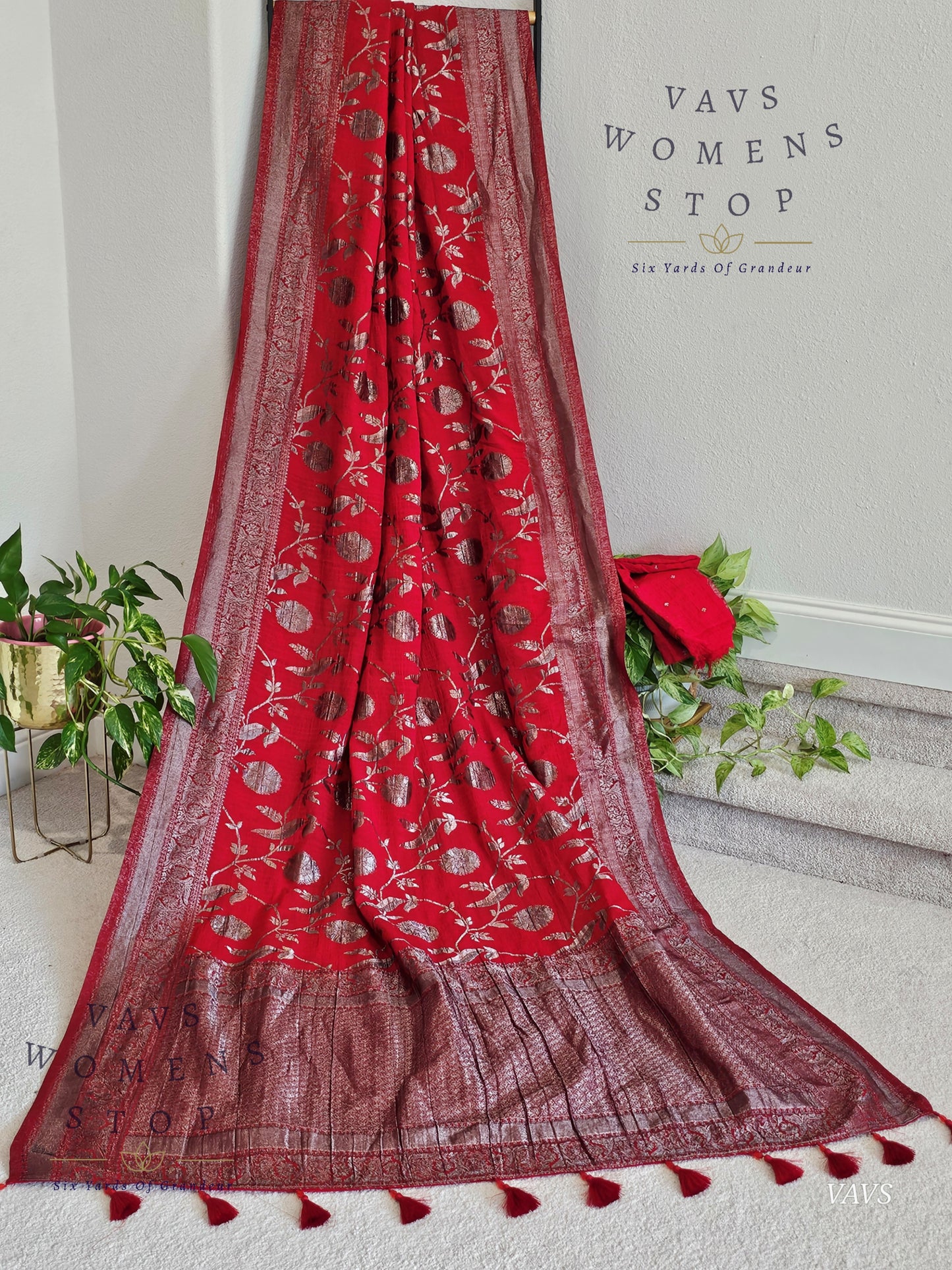 Red Banarasi Semi Tussar Georgette Meenakari Designer Saree