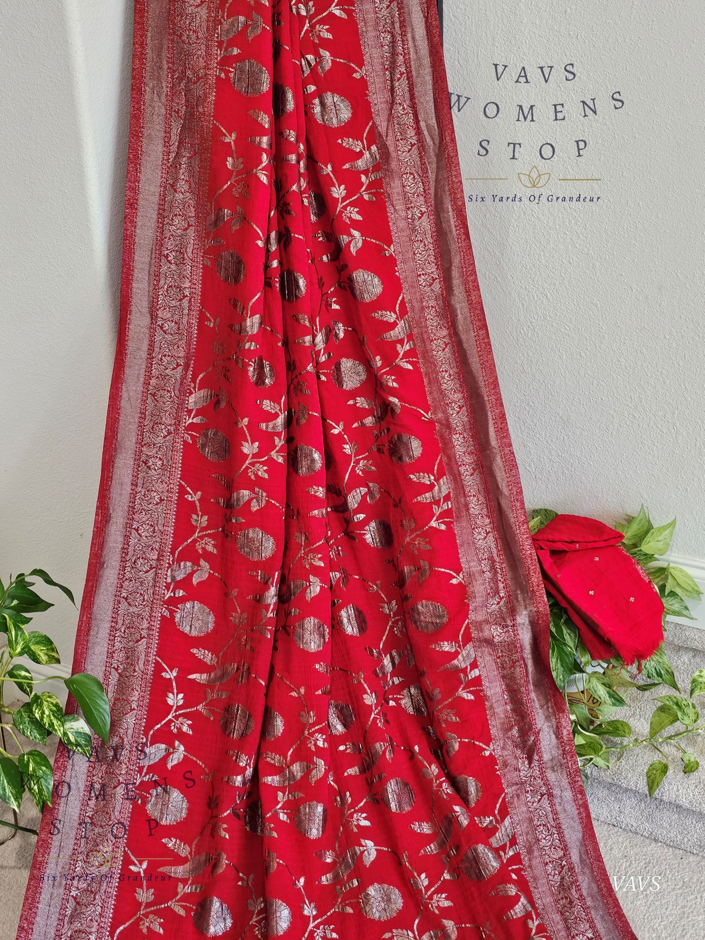 Red Banarasi Semi Tussar Georgette Meenakari Designer Saree