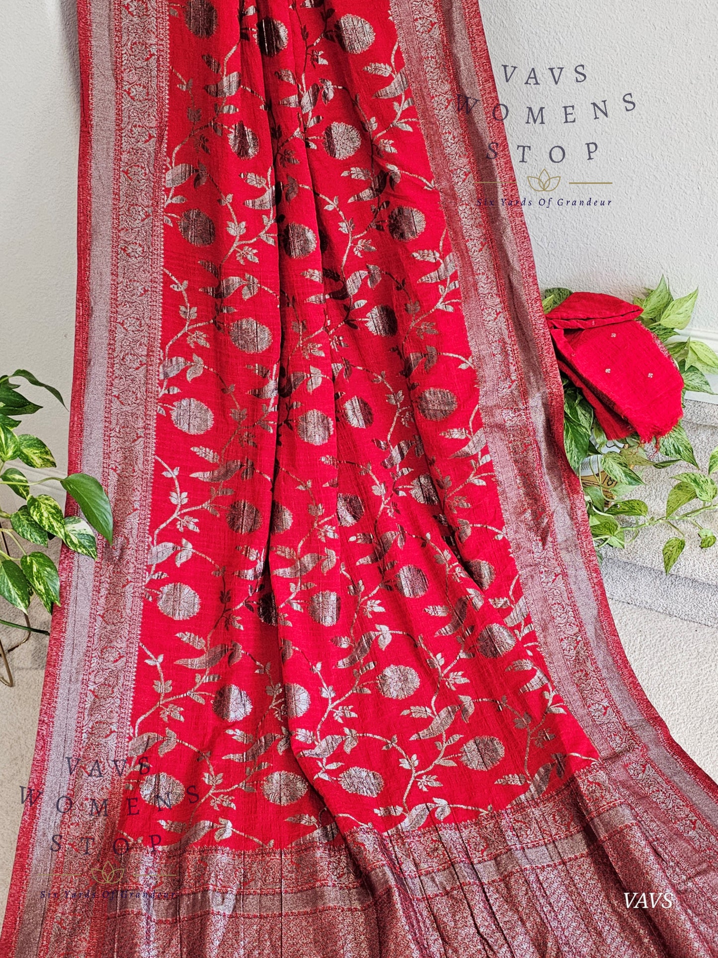 Red Banarasi Semi Tussar Georgette Meenakari Designer Saree