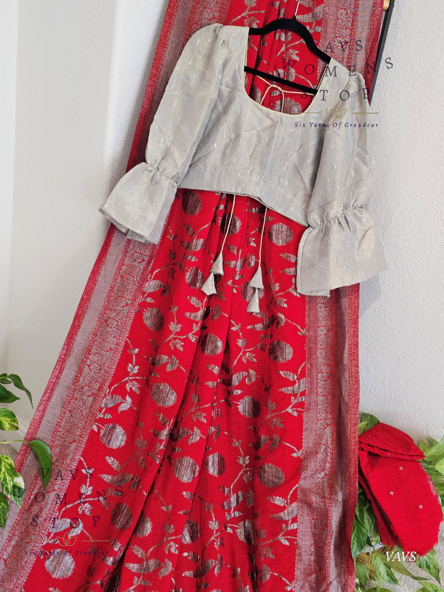 Red Banarasi Semi Tussar Georgette Saree with Meenakari & Grey Silver Designer Blouse | Size 36–42