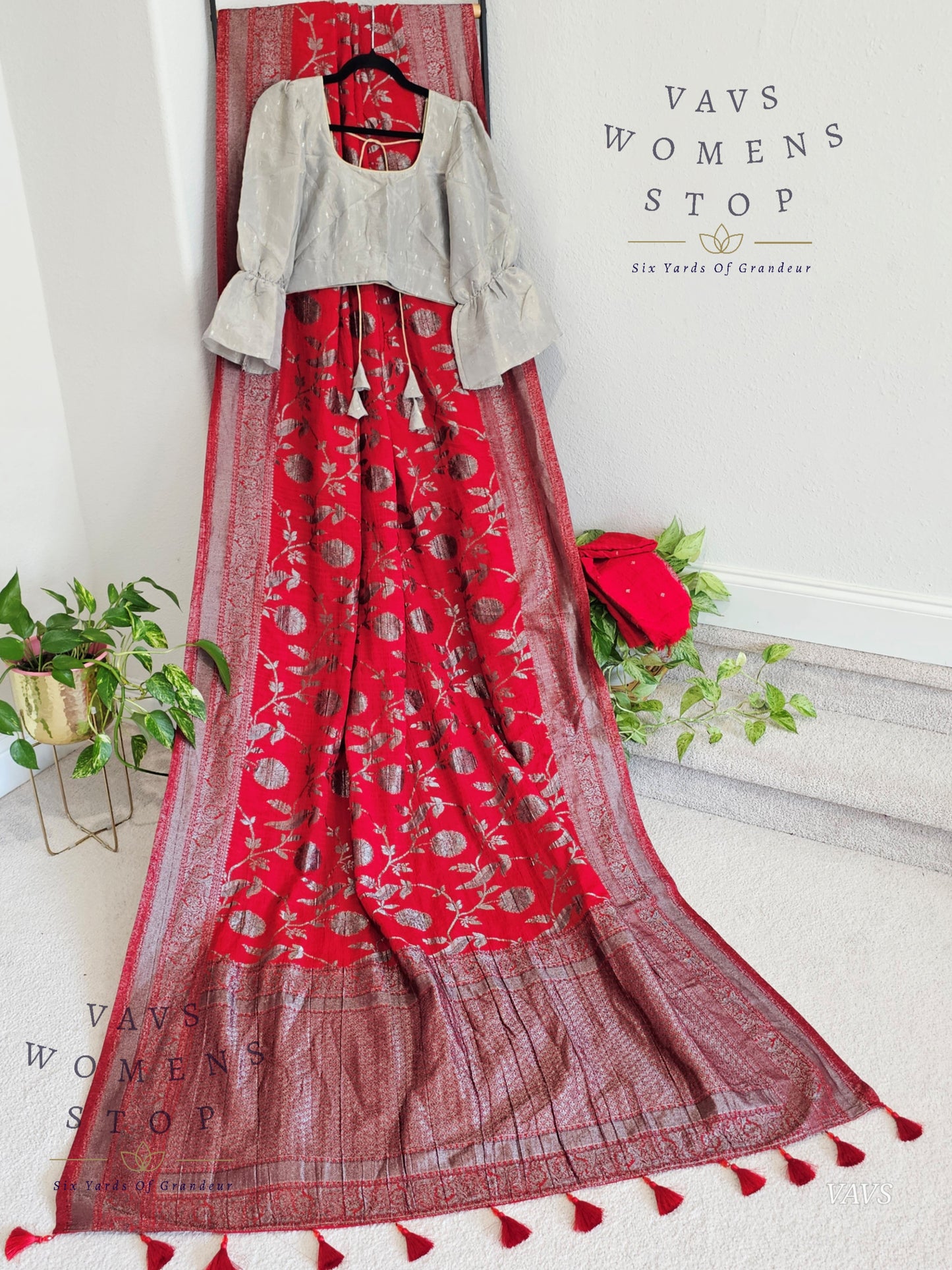 Red Banarasi Semi Tussar Georgette Saree with Meenakari & Grey Silver Designer Blouse | Size 36–42