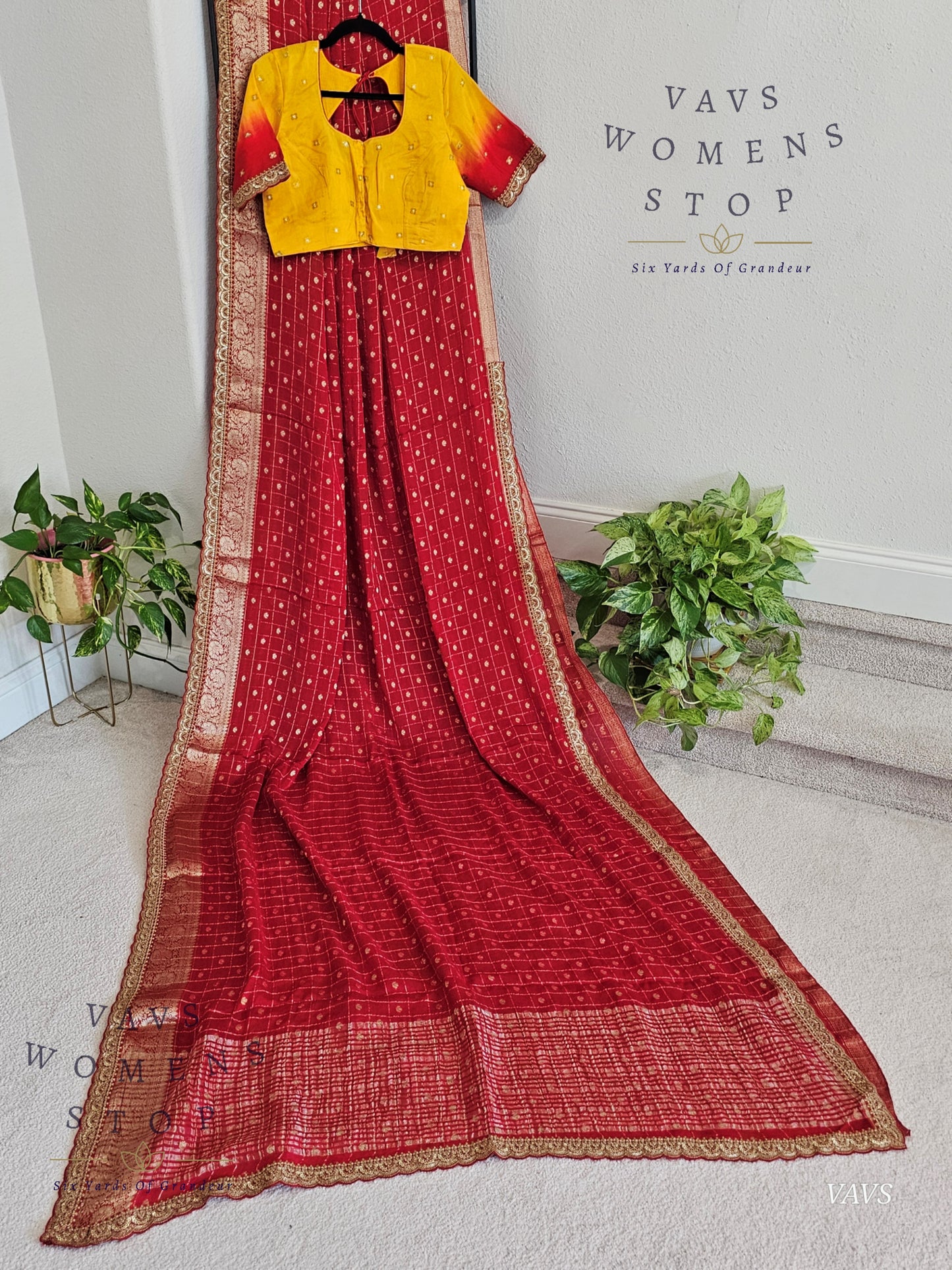 Red Shade Chinon Crepe Georgette Saree with Checks Pattern & Blouse