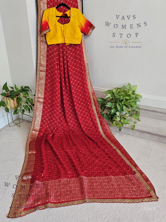 Red Shade Chinon Crepe Georgette Saree with Checks Pattern & Blouse