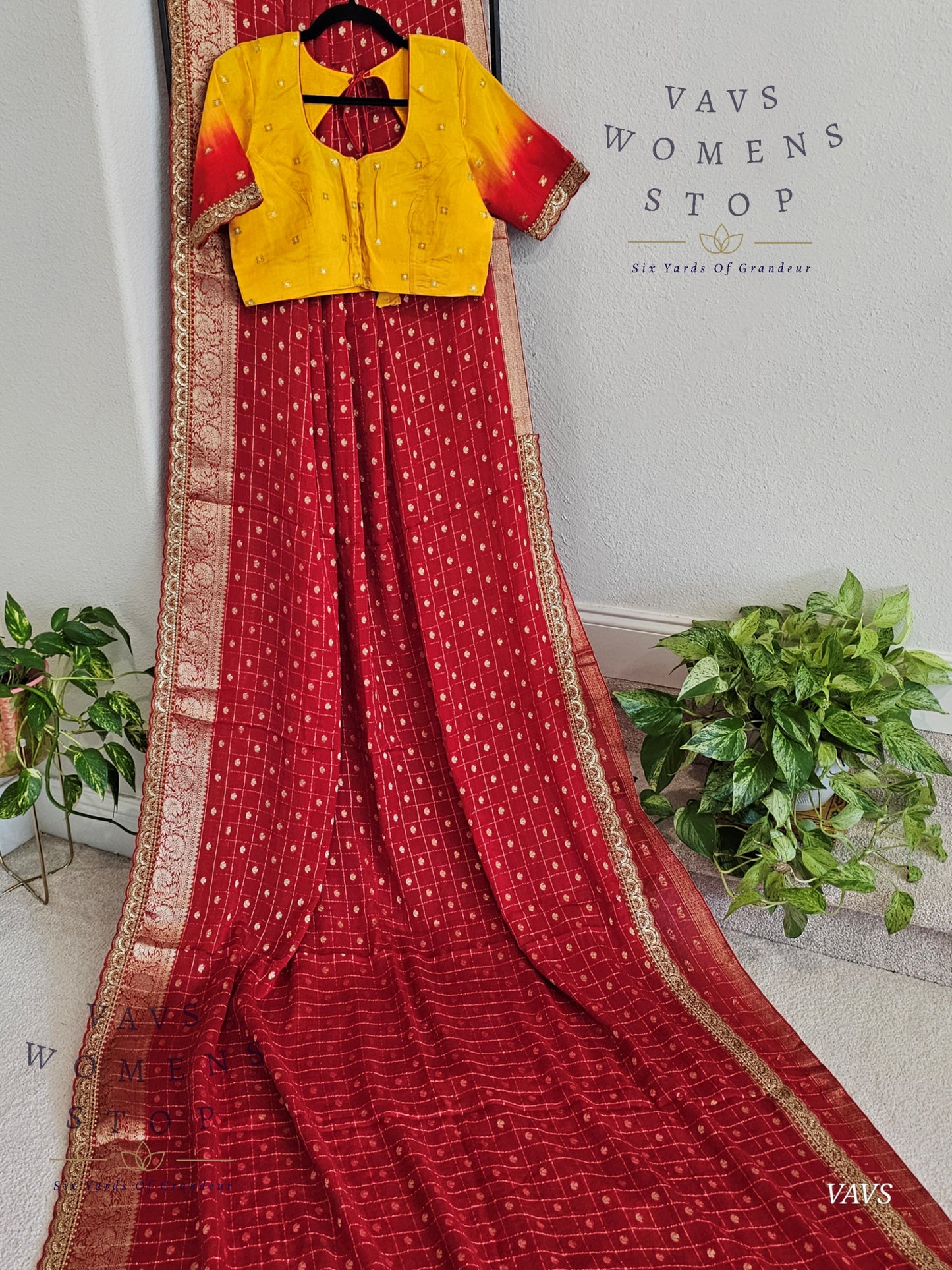 Red Shade Chinon Crepe Georgette Saree with Checks Pattern & Blouse