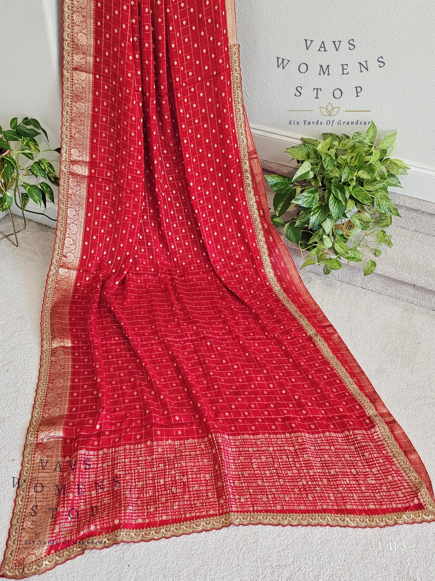 Red Shade Chinon Crepe Georgette Saree with Checks Pattern & Blouse