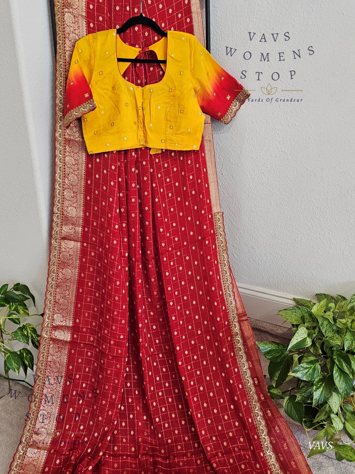 Red Shade Chinon Crepe Georgette Saree with Checks Pattern & Blouse