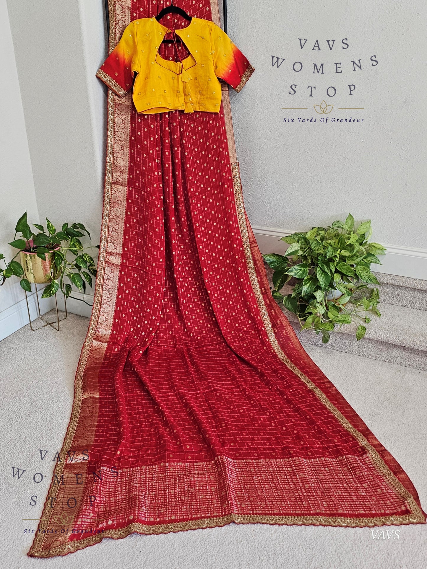 Red Shade Chinon Crepe Georgette Saree with Checks Pattern & Blouse