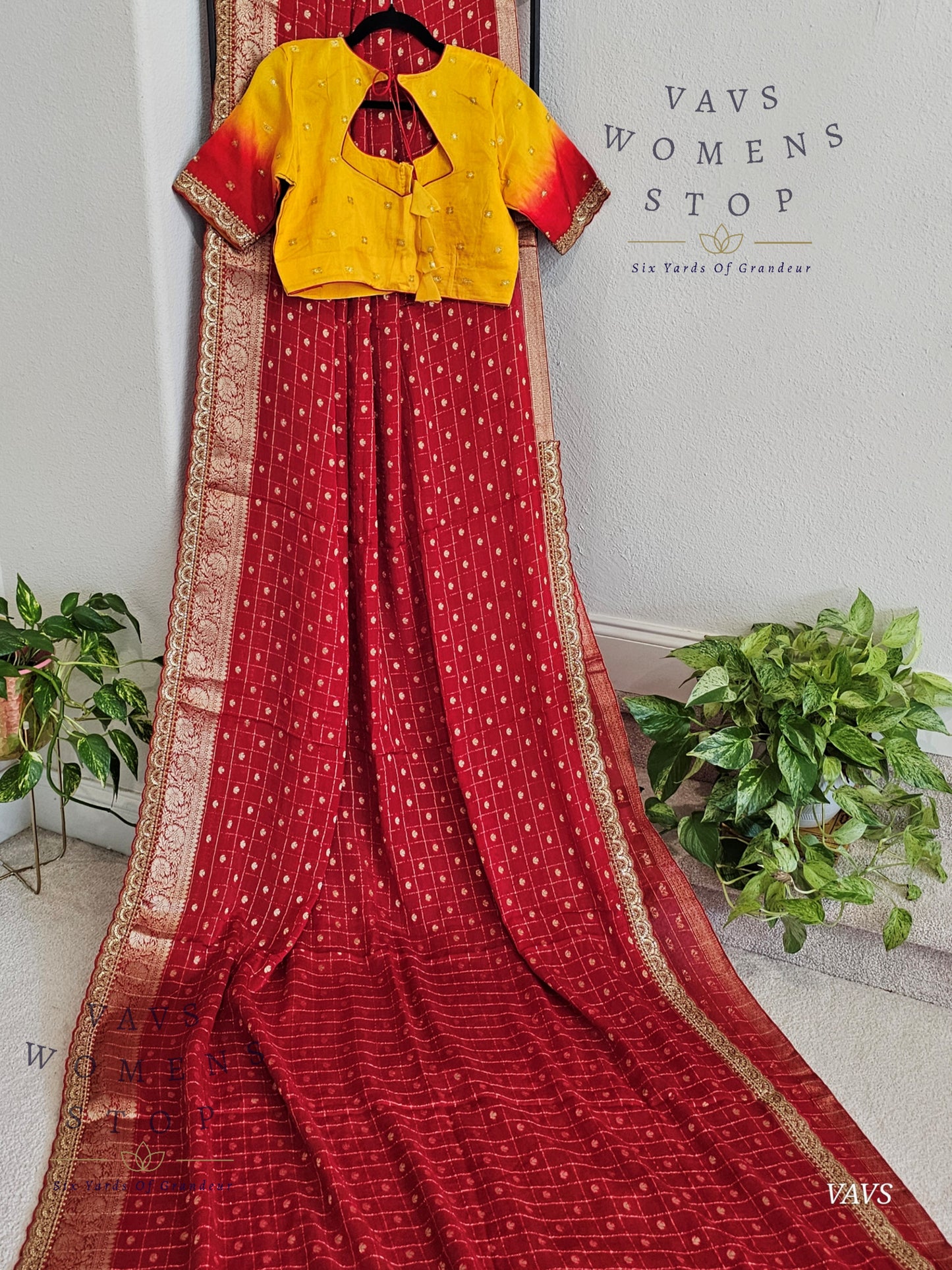 Red Shade Chinon Crepe Georgette Saree with Checks Pattern & Blouse