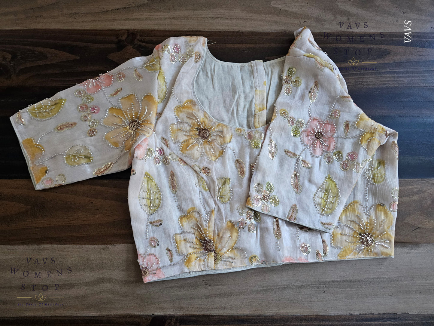 Off-White Shade Floral Print Outline Machine Embroidered Blouse | Ready to Ship