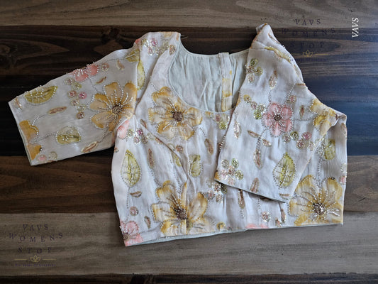 Off-White Shade Floral Print Outline Machine Embroidered Blouse | Ready to Ship
