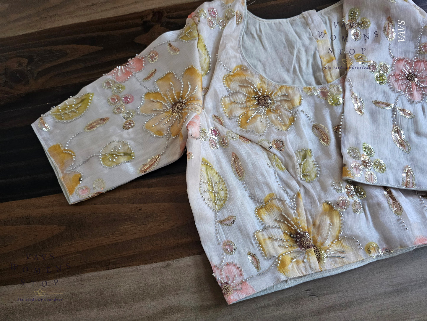 Off-White Shade Floral Print Outline Machine Embroidered Blouse | Ready to Ship