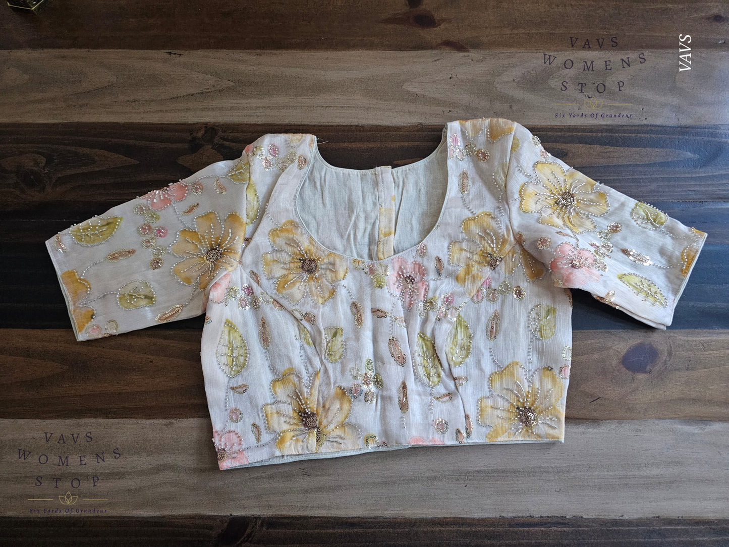 Off-White Shade Floral Print Outline Machine Embroidered Blouse | Ready to Ship