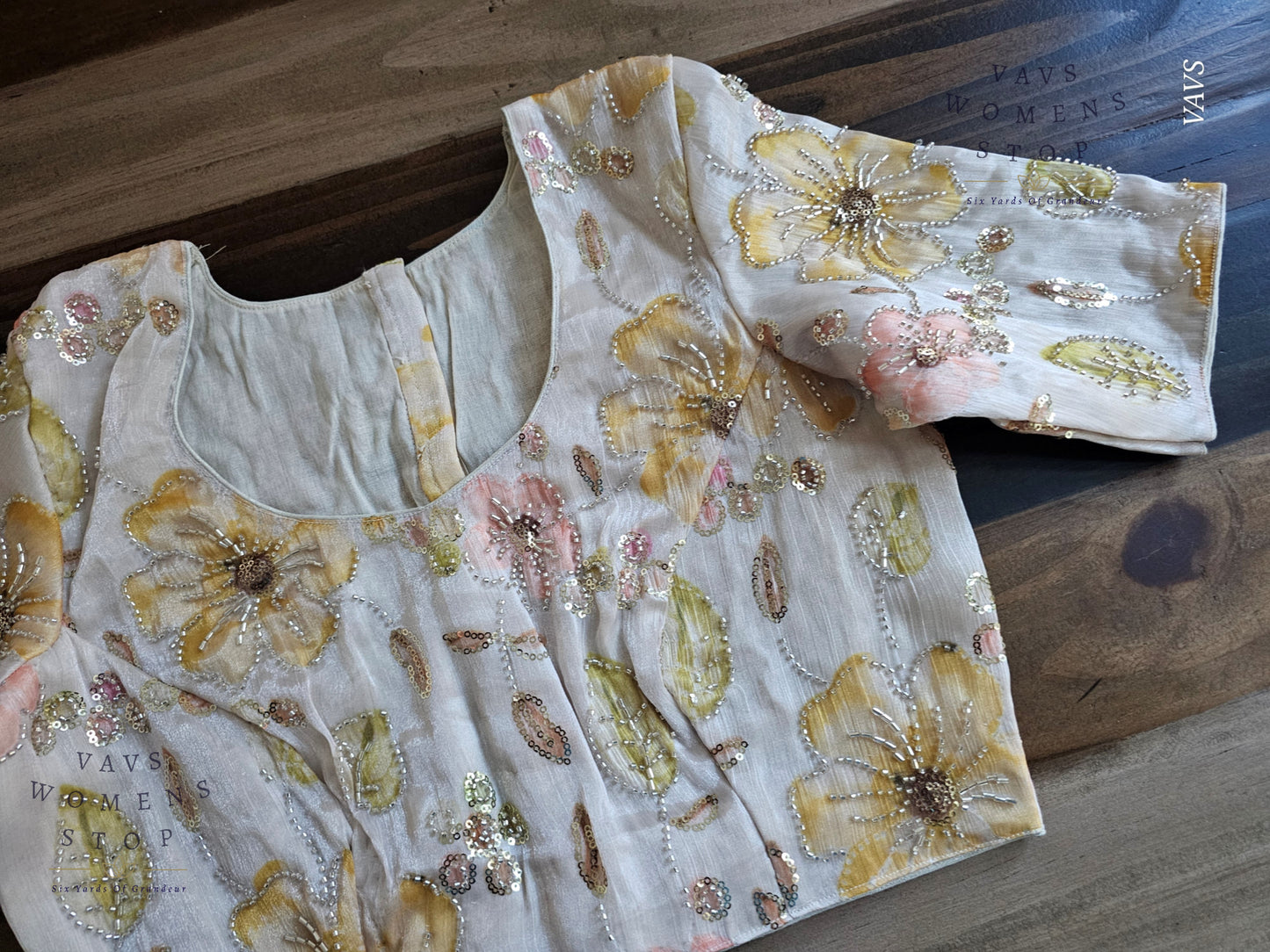 Off-White Shade Floral Print Outline Machine Embroidered Blouse | Ready to Ship