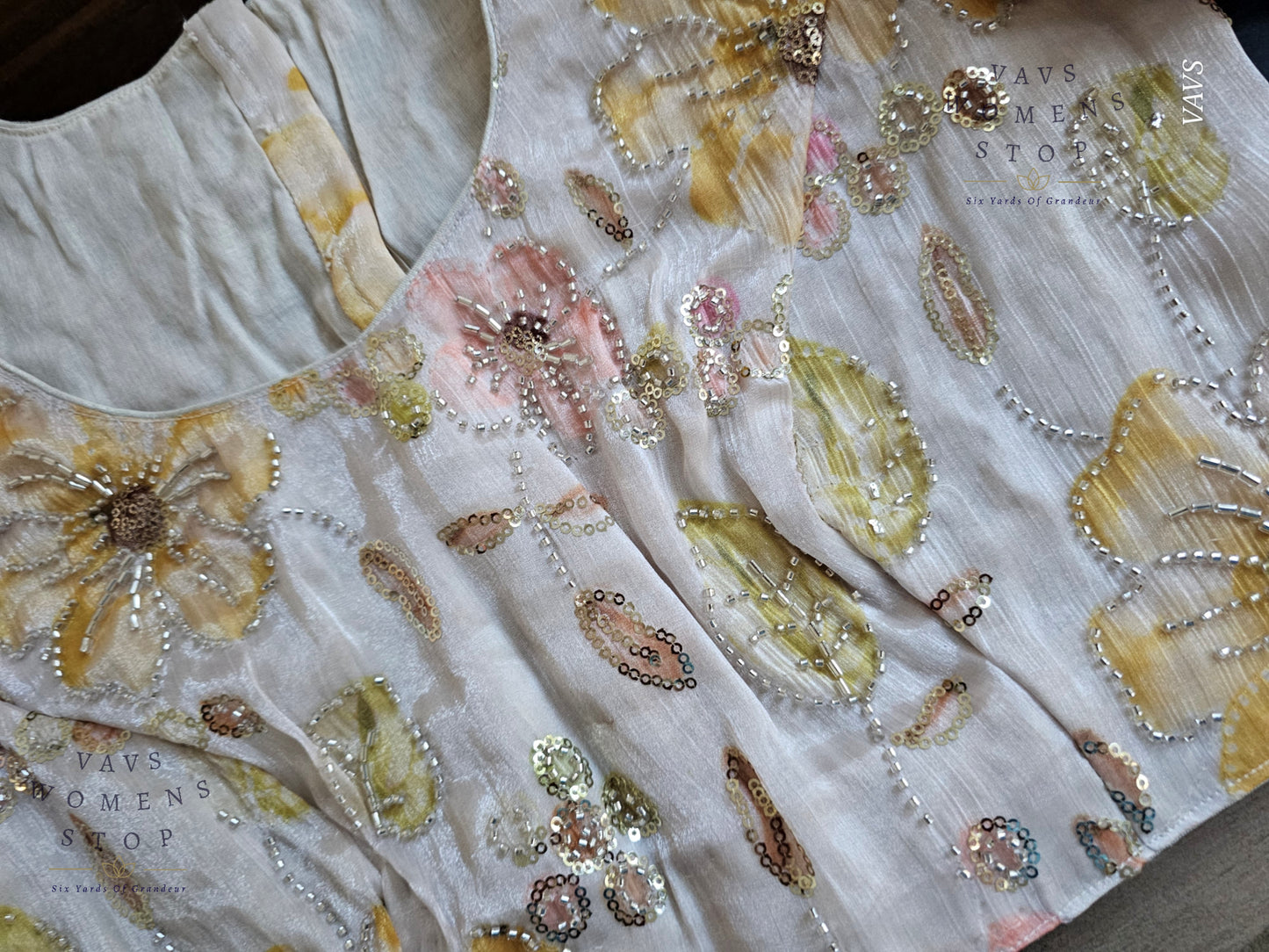 Off-White Shade Floral Print Outline Machine Embroidered Blouse | Ready to Ship
