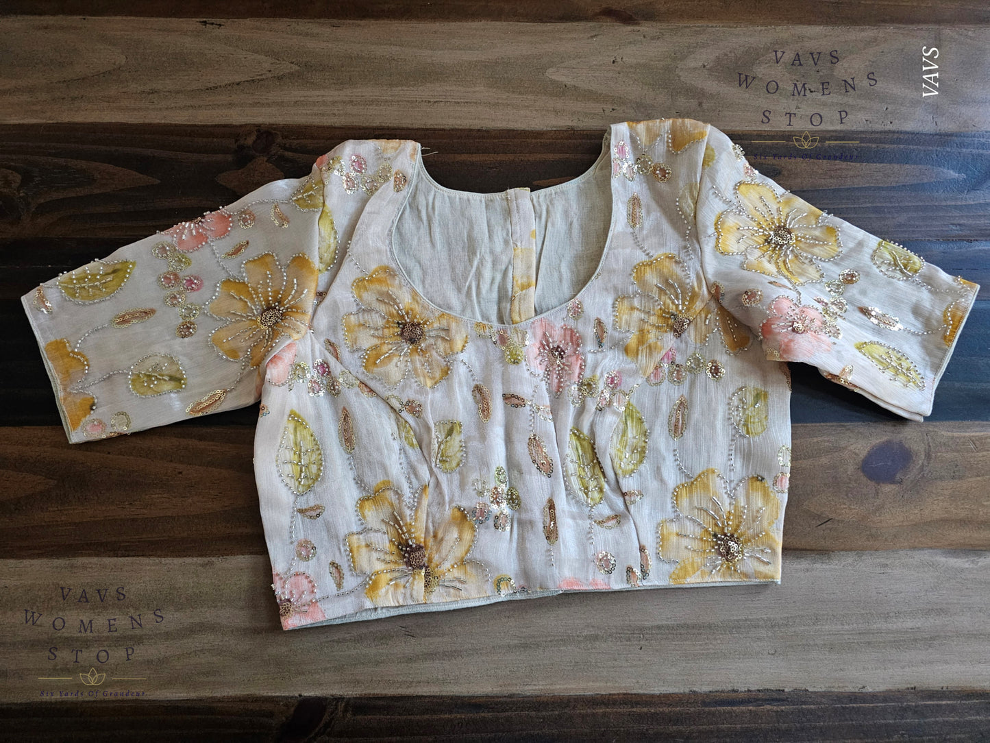 Off-White Shade Floral Print Outline Machine Embroidered Blouse | Ready to Ship