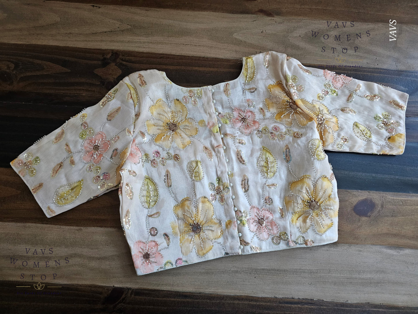 Off-White Shade Floral Print Outline Machine Embroidered Blouse | Ready to Ship