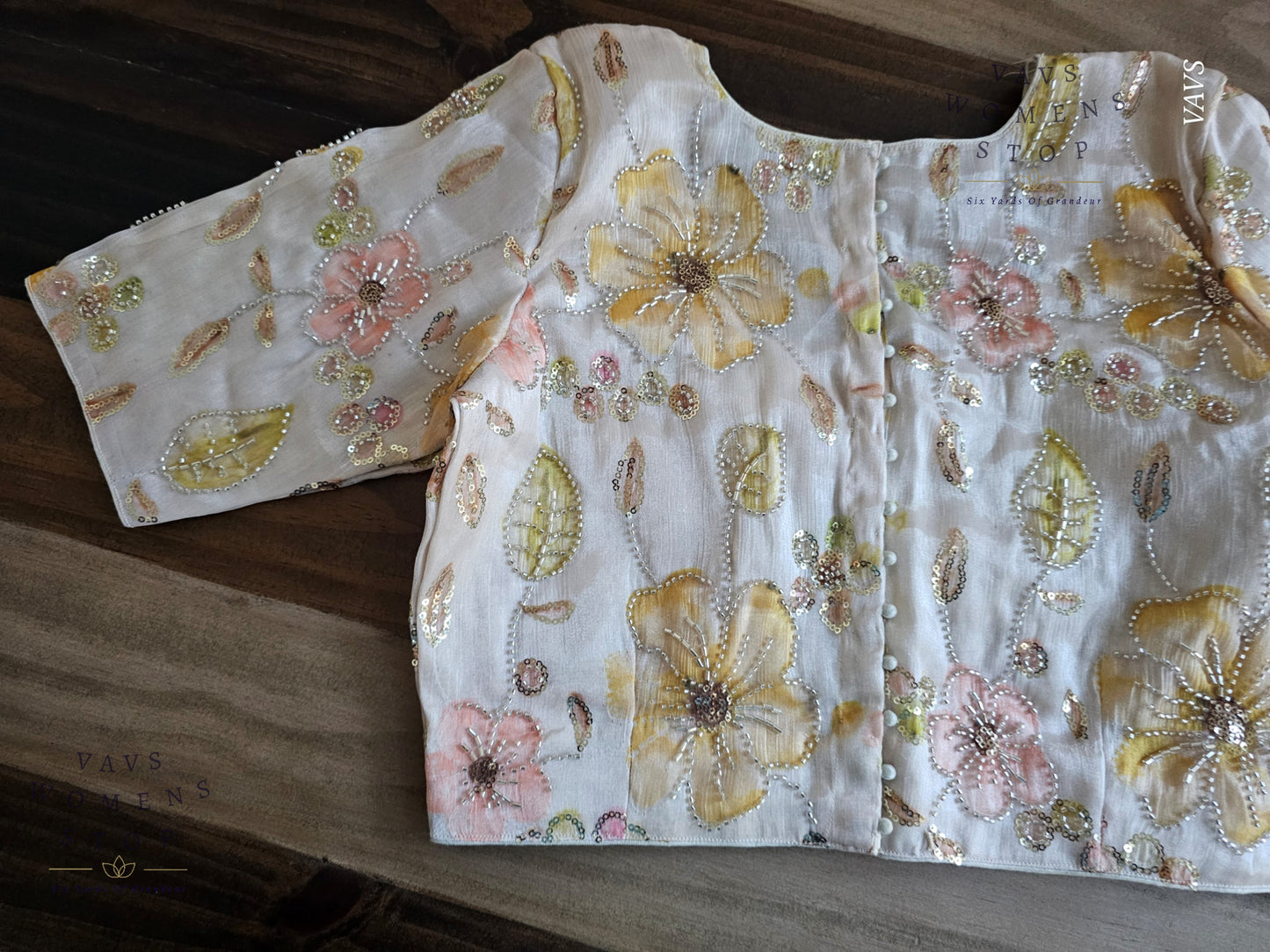 Off-White Shade Floral Print Outline Machine Embroidered Blouse | Ready to Ship