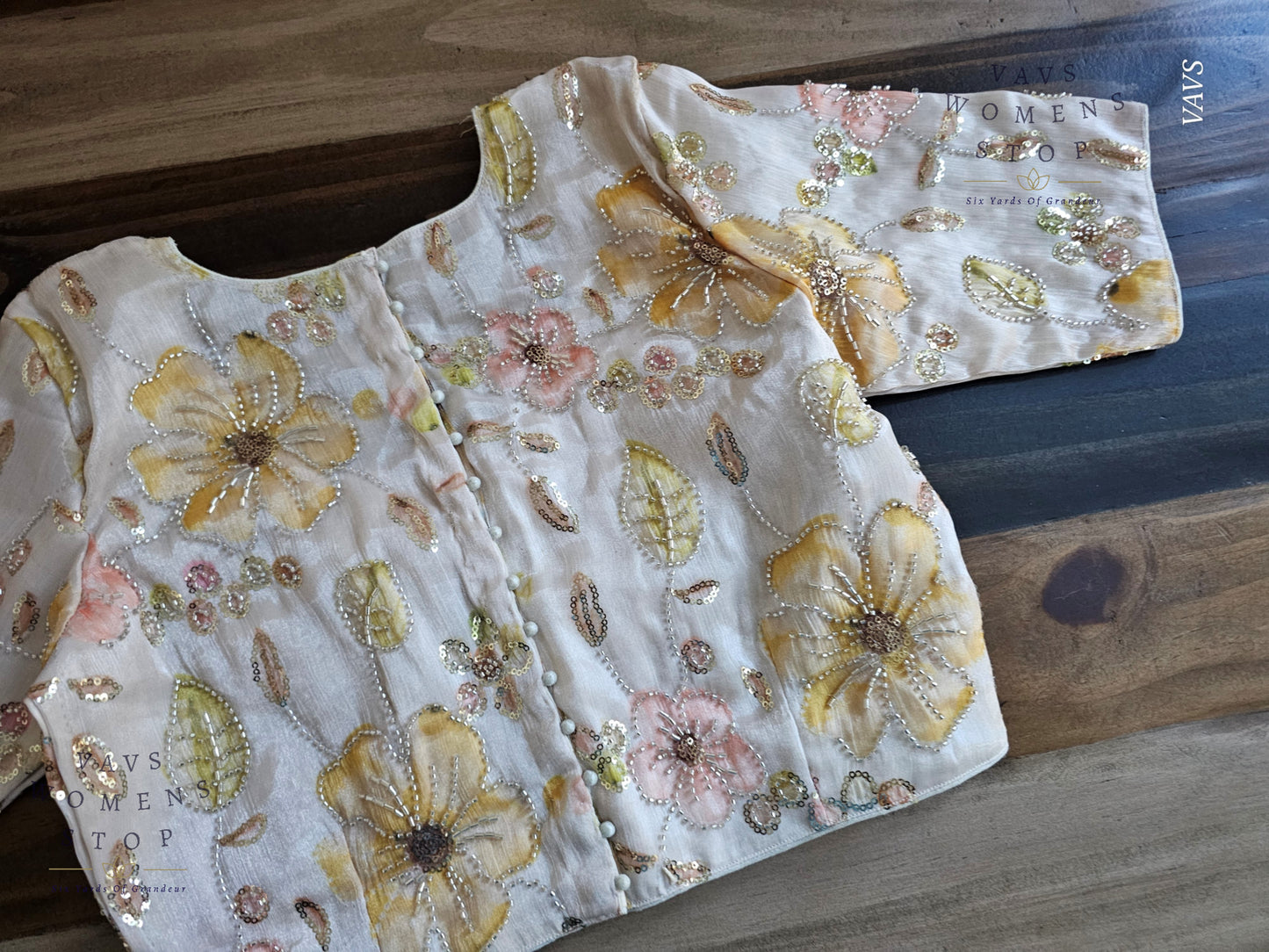 Off-White Shade Floral Print Outline Machine Embroidered Blouse | Ready to Ship