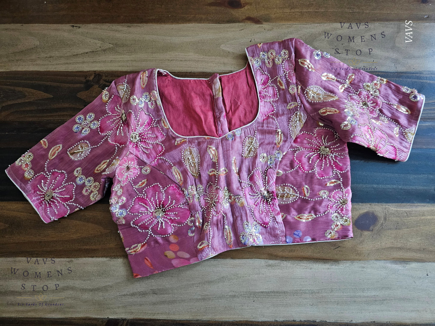 Onion Pink Shade Floral Print Machine Embroidered Blouse