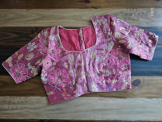 Onion Pink Shade Floral Print Machine Embroidered Blouse