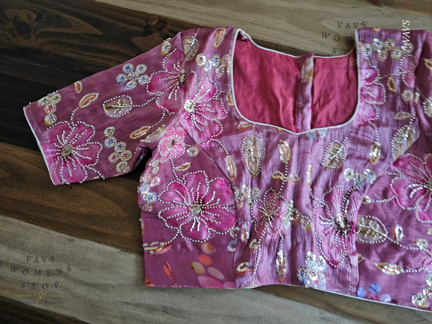 Onion Pink Shade Floral Print Machine Embroidered Blouse