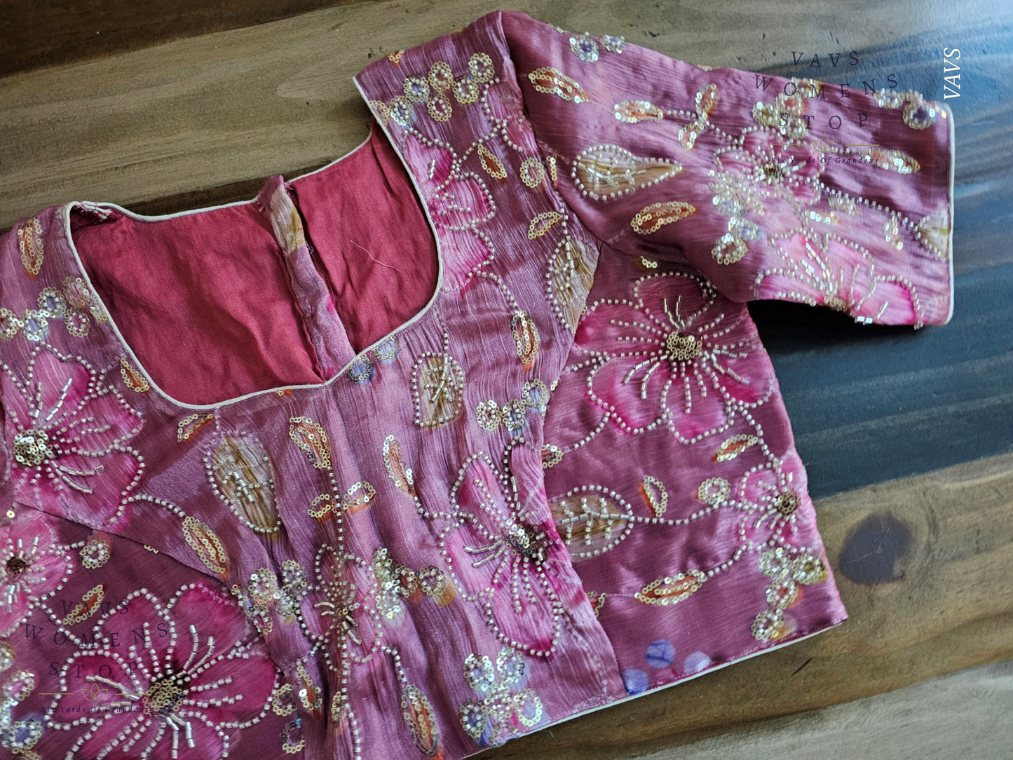 Onion Pink Shade Floral Print Machine Embroidered Blouse