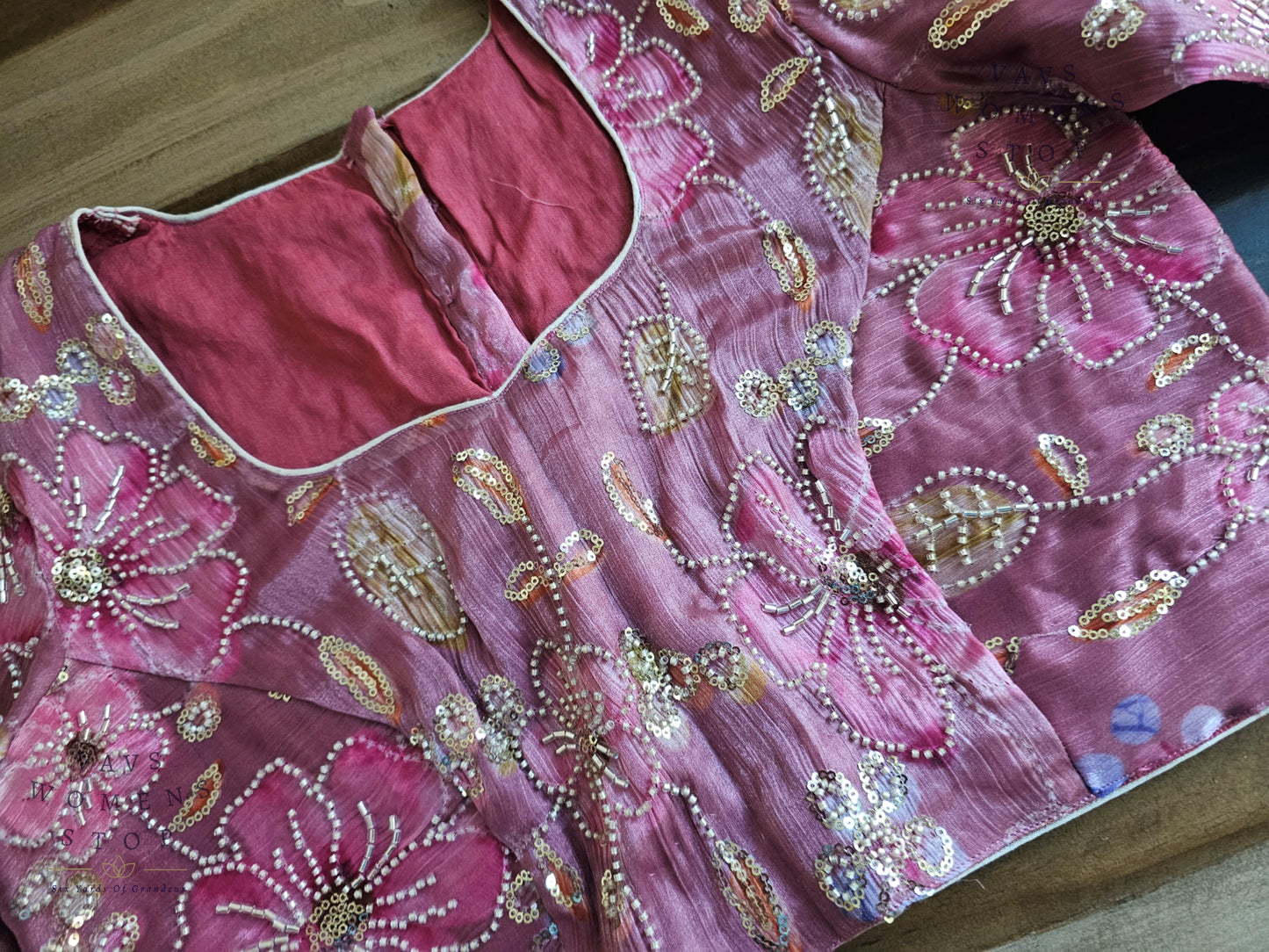 Onion Pink Shade Floral Print Machine Embroidered Blouse
