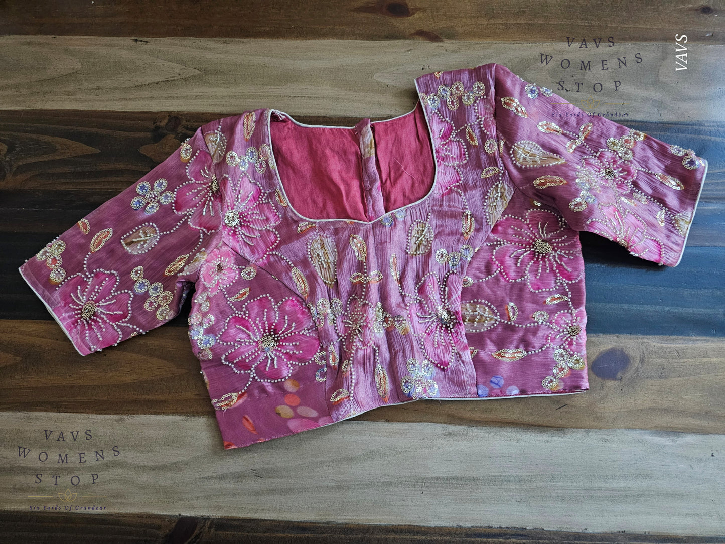 Onion Pink Shade Floral Print Machine Embroidered Blouse