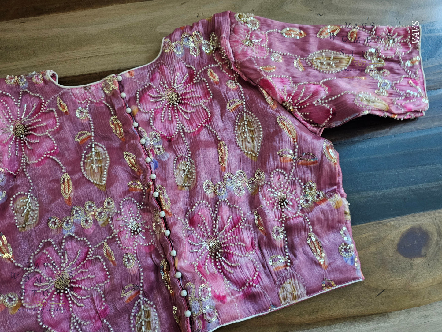 Onion Pink Shade Floral Print Machine Embroidered Blouse