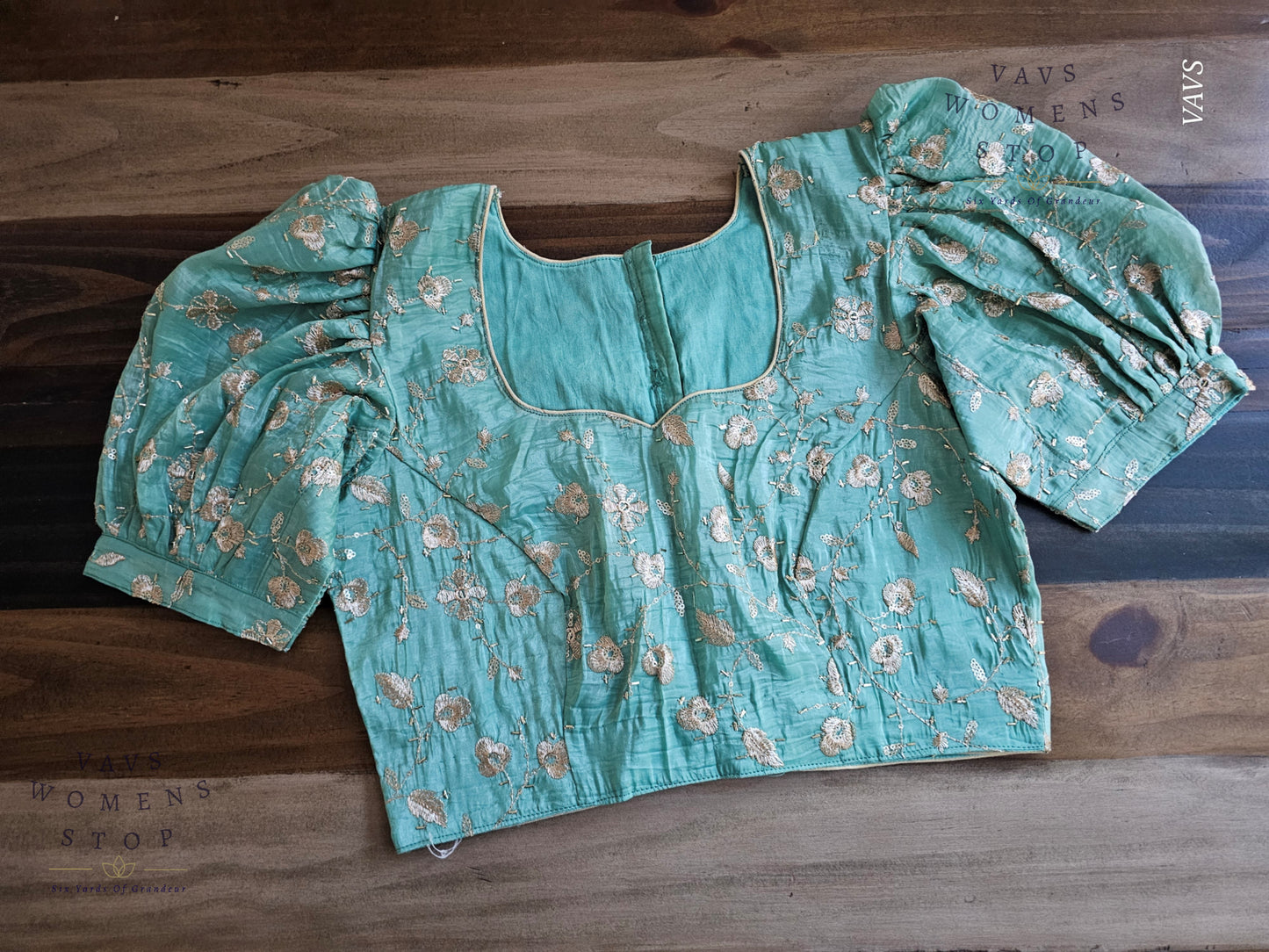 Sea Green Shade Crushed Silk Puff Sleeves Embroidered Blouse