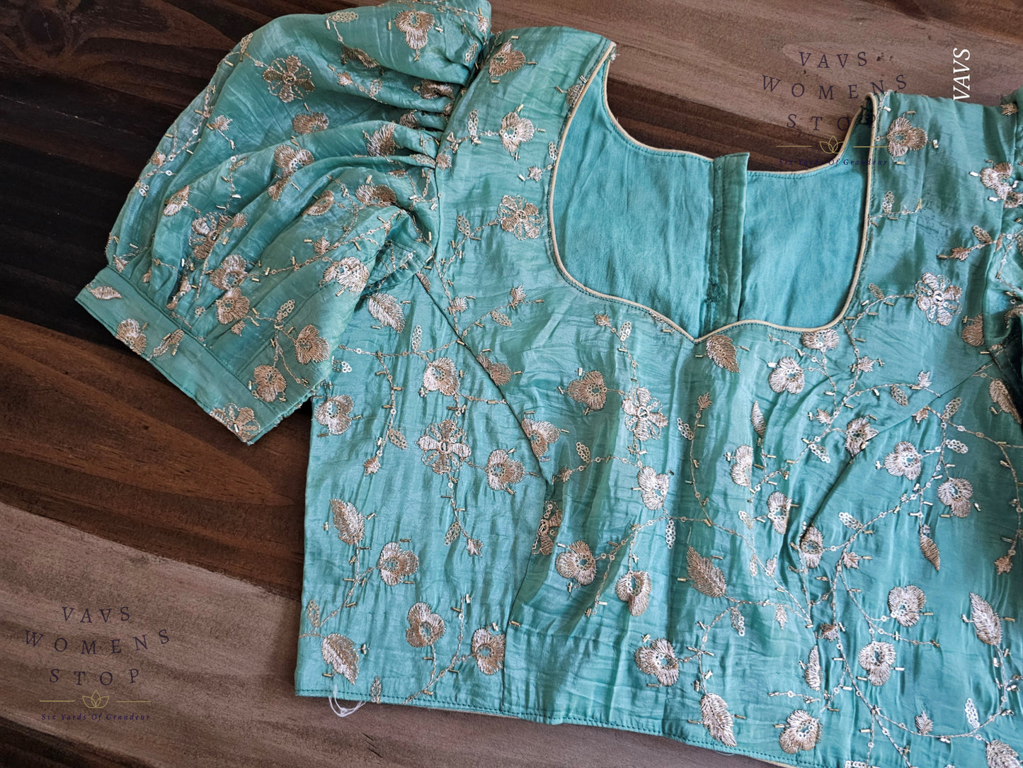 Sea Green Shade Crushed Silk Puff Sleeves Embroidered Blouse