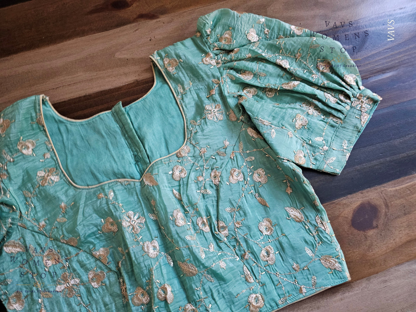 Sea Green Shade Crushed Silk Puff Sleeves Embroidered Blouse