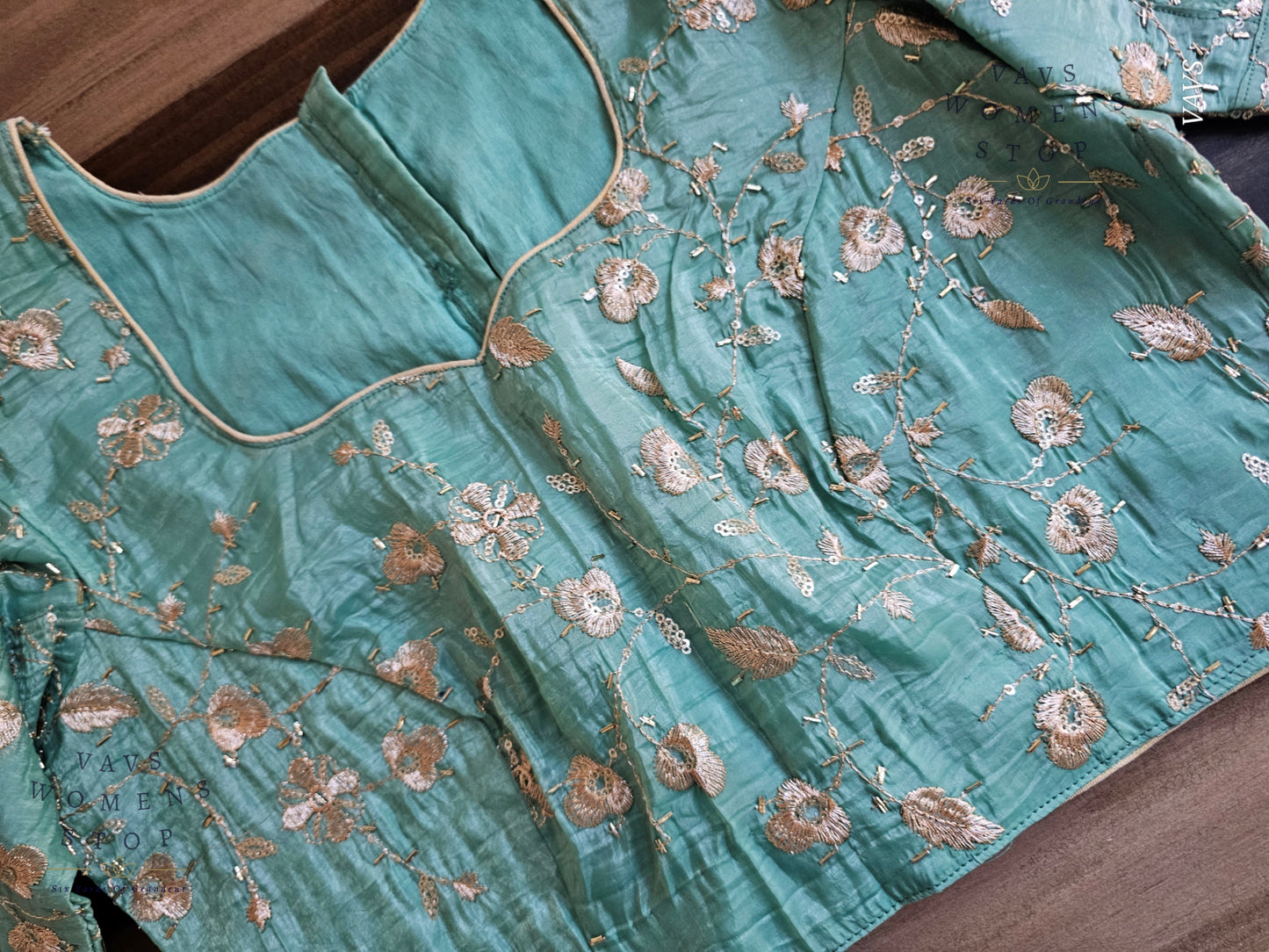 Sea Green Shade Crushed Silk Puff Sleeves Embroidered Blouse