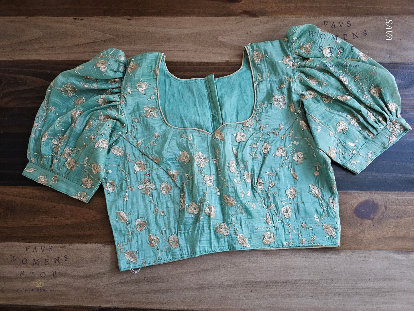 Sea Green Shade Crushed Silk Puff Sleeves Embroidered Blouse
