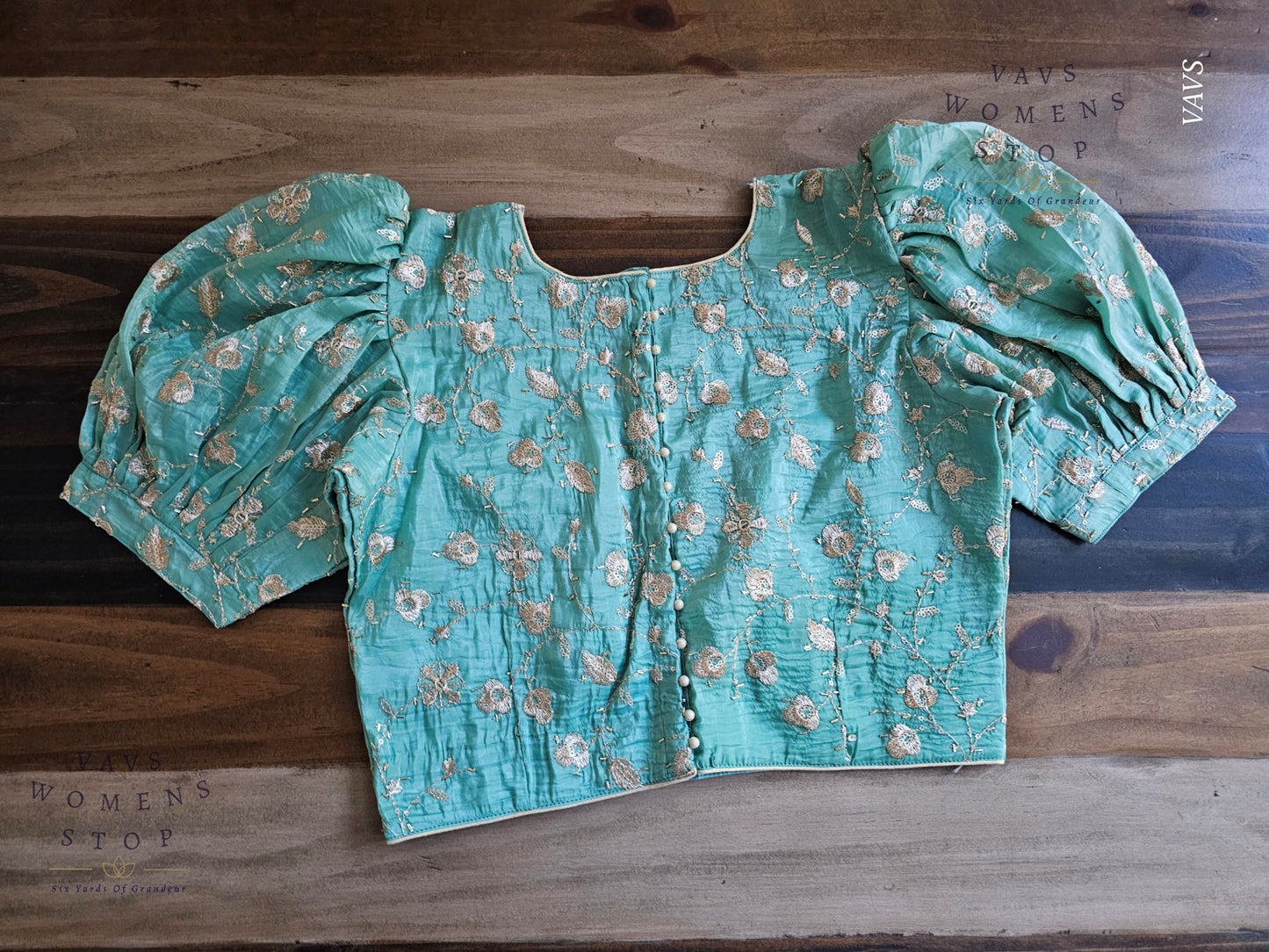 Sea Green Shade Crushed Silk Puff Sleeves Embroidered Blouse