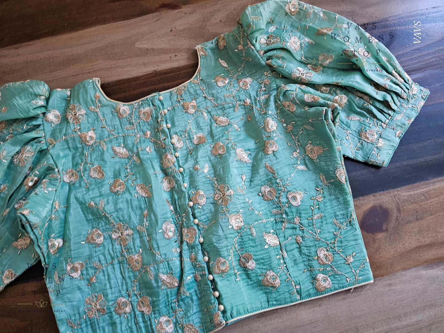 Sea Green Shade Crushed Silk Puff Sleeves Embroidered Blouse