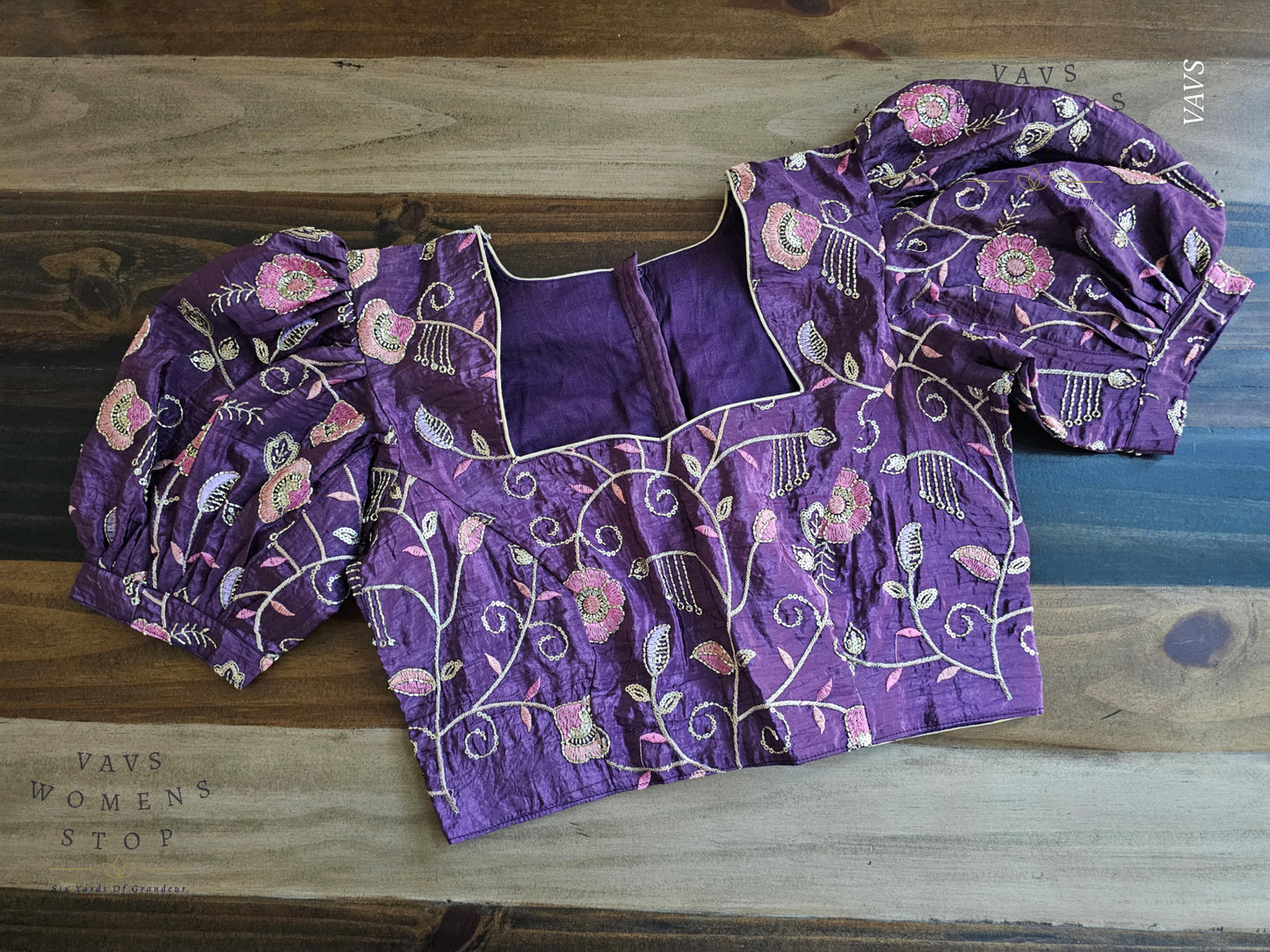 Purple Crushed Silk Puff Sleeves Embroidered Blouse